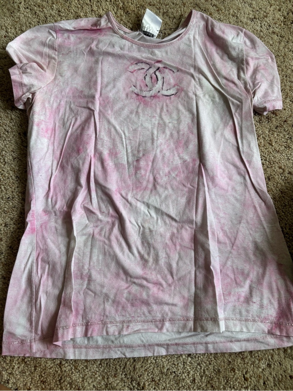 CHANEL Pink Tie-Dye Short Sleeve Logo Tee L